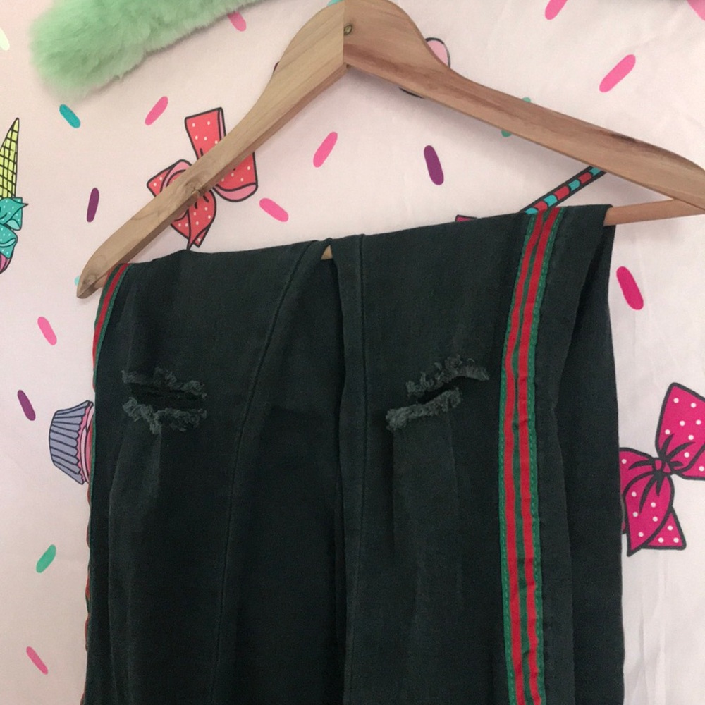 Comfy Black denim Jeans, RED & GREEN stripe 🍒